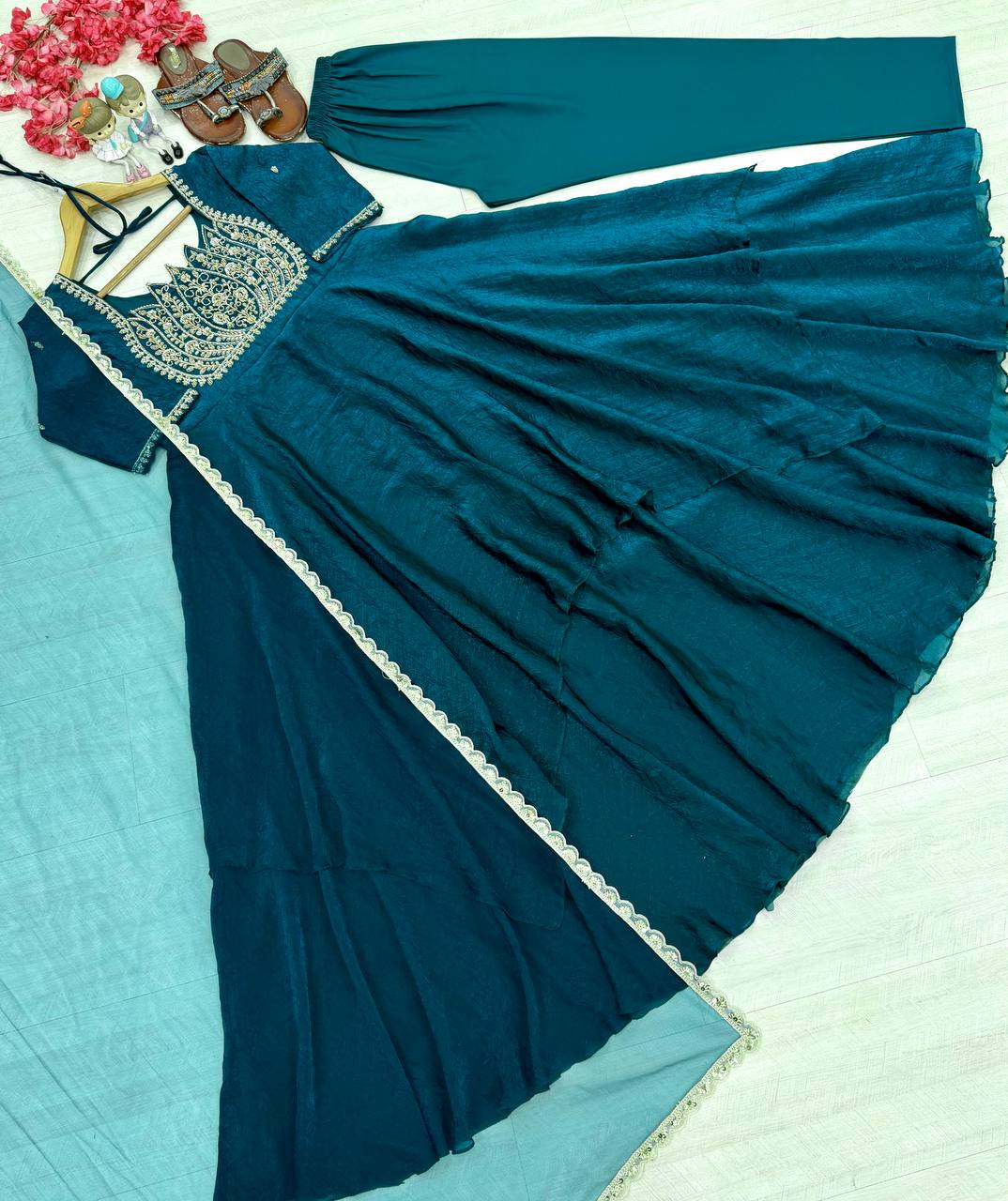 Teal Blue Crush Silk Embroidered Gown ClothsVilla