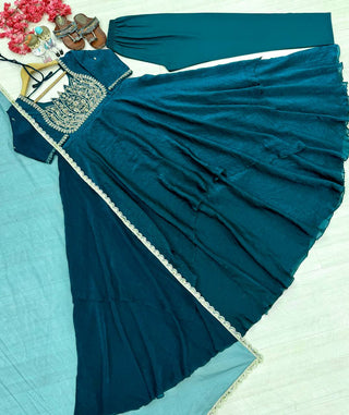 Teal Blue Crush Silk Embroidered Gown ClothsVilla