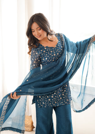 Teal Blue Designer Fancy Kurta Set ClothsVilla
