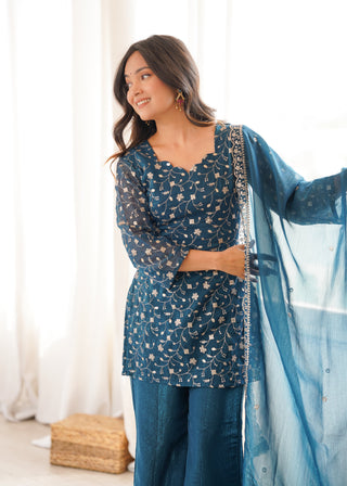 Teal Blue Designer Fancy Kurta Set ClothsVilla