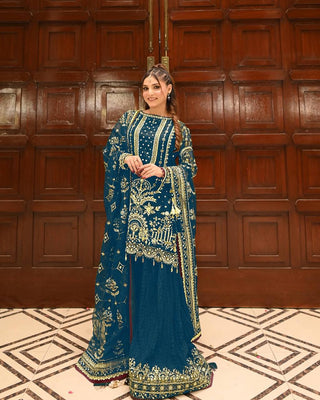 Teal Blue Designer Faux Georgette Heavy Embroidered Top & Plazzo Set with 5mm Sequins & Rivet Moti Work ClothsVilla