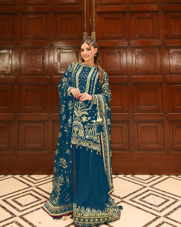 Teal Blue Designer Faux Georgette Heavy Embroidered Top & Plazzo Set with 5mm Sequins & Rivet Moti Work ClothsVilla