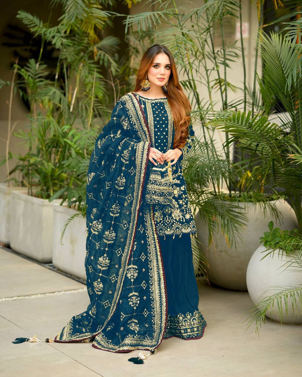 Teal Blue Designer Faux Georgette Heavy Embroidered Top & Plazzo Set with 5mm Sequins & Rivet Moti Work ClothsVilla