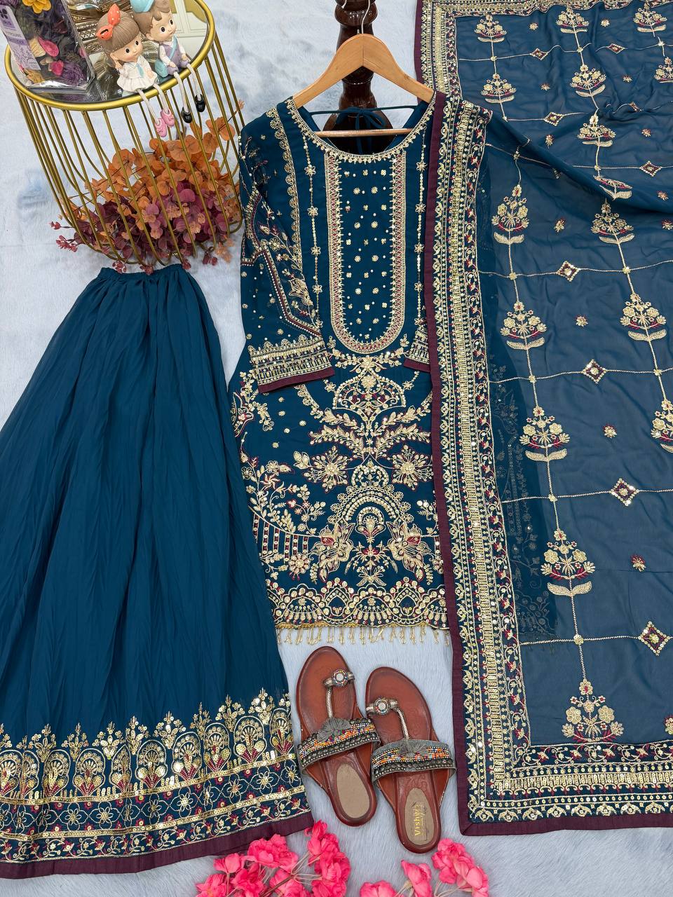 Teal Blue Designer Faux Georgette Heavy Embroidered Top & Plazzo Set with 5mm Sequins & Rivet Moti Work ClothsVilla