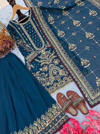 Teal Blue Designer Faux Georgette Heavy Embroidered Top & Plazzo Set with 5mm Sequins & Rivet Moti Work ClothsVilla