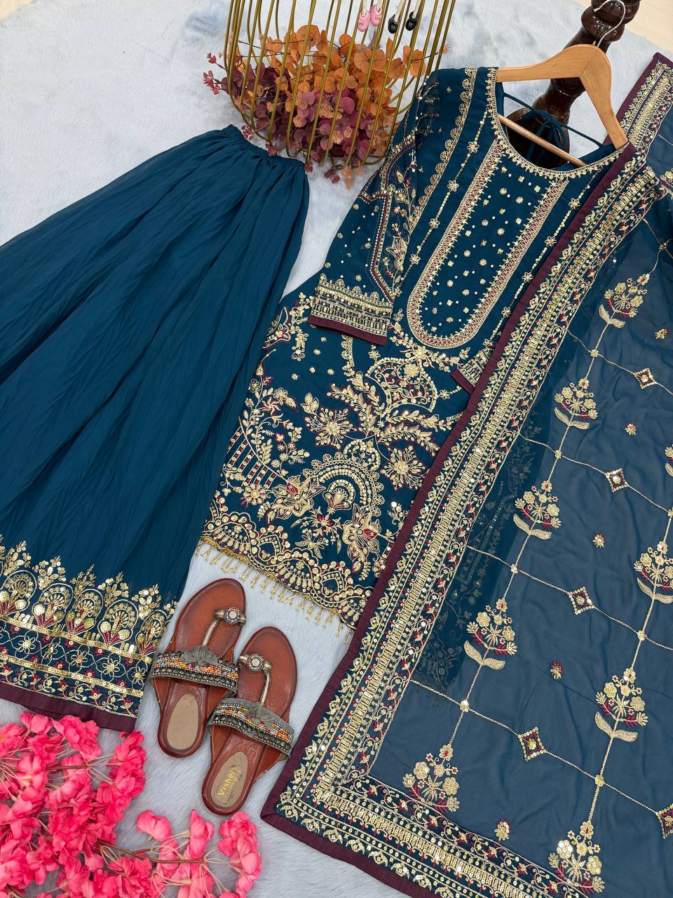 Teal Blue Designer Faux Georgette Heavy Embroidered Top & Plazzo Set with 5mm Sequins & Rivet Moti Work ClothsVilla