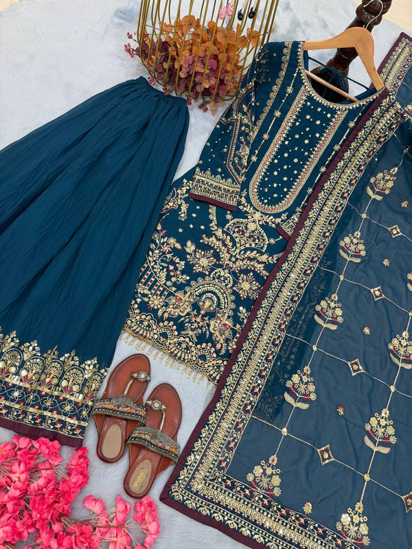 Teal Blue Designer Faux Georgette Heavy Embroidered Top & Plazzo Set with 5mm Sequins & Rivet Moti Work ClothsVilla