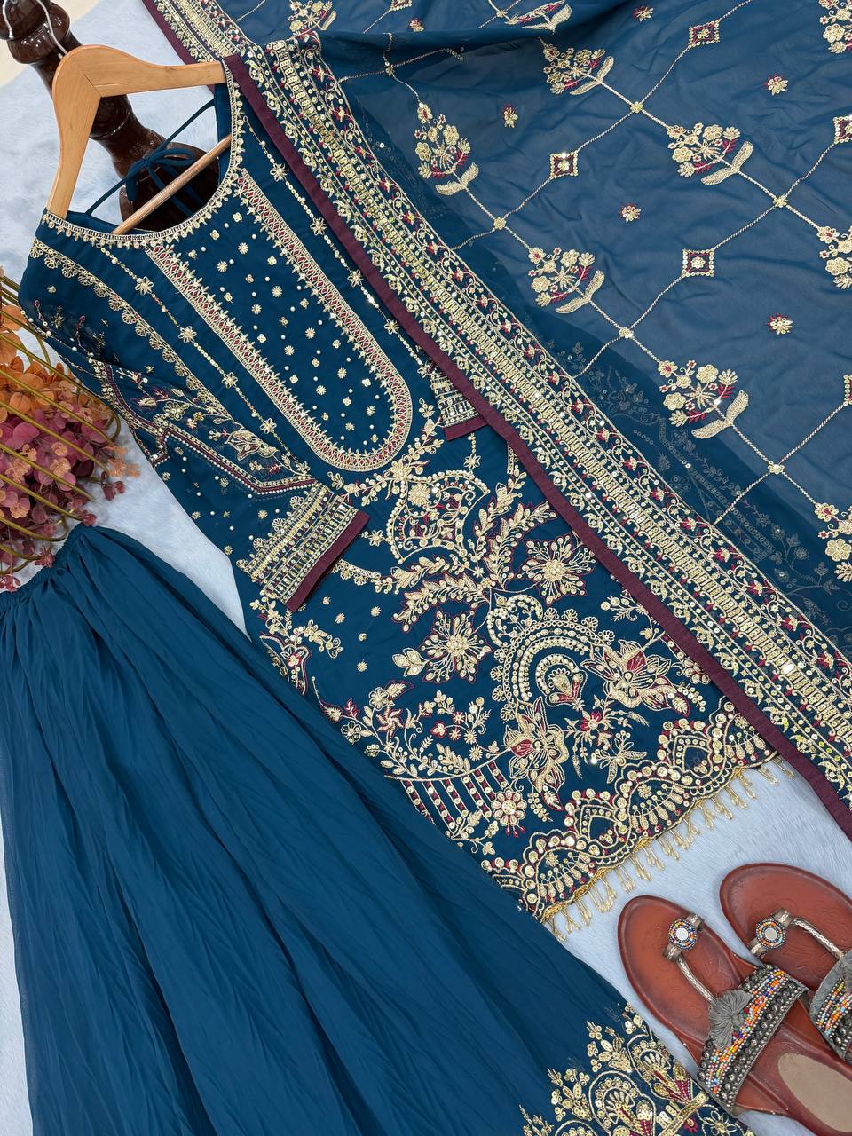 Teal Blue Designer Faux Georgette Heavy Embroidered Top & Plazzo Set with 5mm Sequins & Rivet Moti Work ClothsVilla