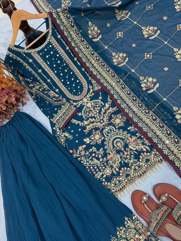 Teal Blue Designer Faux Georgette Heavy Embroidered Top & Plazzo Set with 5mm Sequins & Rivet Moti Work ClothsVilla