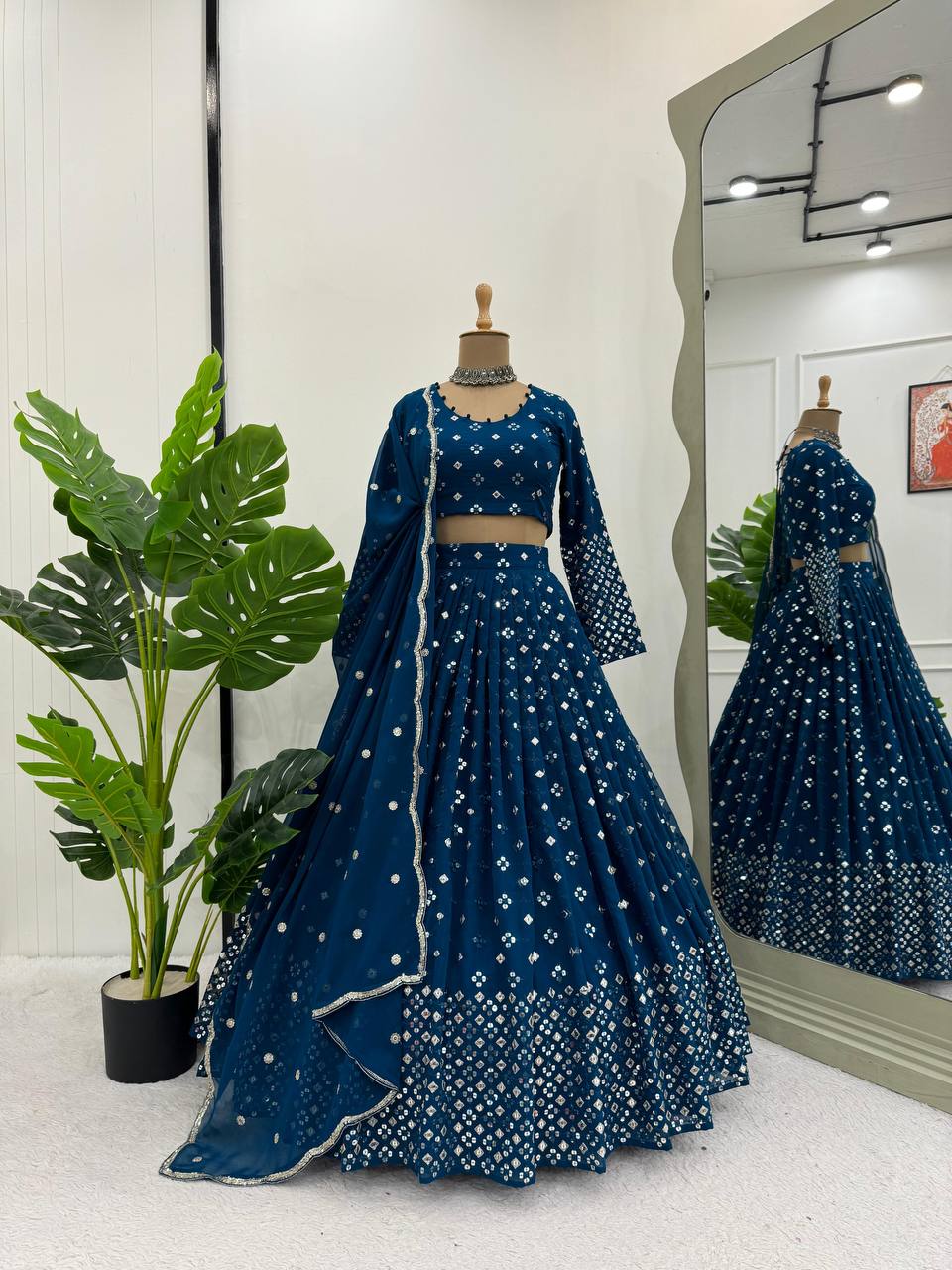Teal Blue  Designer Faux Georgette Semi-Stitched Lehenga Set with 9mm Sequin Embroidery & Cutwork Dupatta Clothsvilla