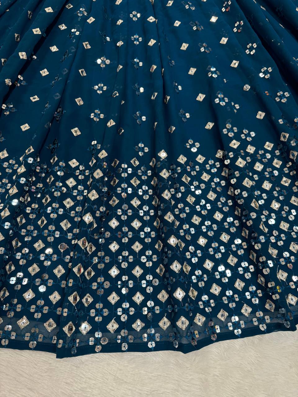 Teal Blue  Designer Faux Georgette Semi-Stitched Lehenga Set with 9mm Sequin Embroidery & Cutwork Dupatta Clothsvilla
