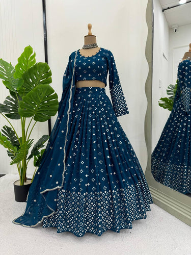 Teal Blue  Designer Faux Georgette Semi-Stitched Lehenga Set with 9mm Sequin Embroidery & Cutwork Dupatta Clothsvilla