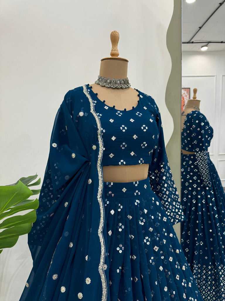 Teal Blue  Designer Faux Georgette Semi-Stitched Lehenga Set with 9mm Sequin Embroidery & Cutwork Dupatta Clothsvilla