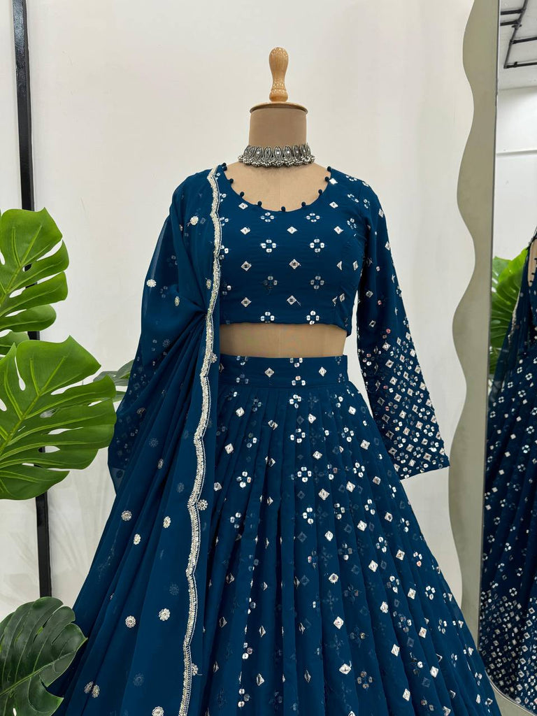 Teal Blue  Designer Faux Georgette Semi-Stitched Lehenga Set with 9mm Sequin Embroidery & Cutwork Dupatta Clothsvilla