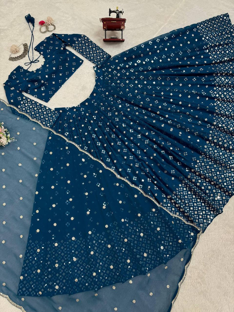 Teal Blue  Designer Faux Georgette Semi-Stitched Lehenga Set with 9mm Sequin Embroidery & Cutwork Dupatta Clothsvilla