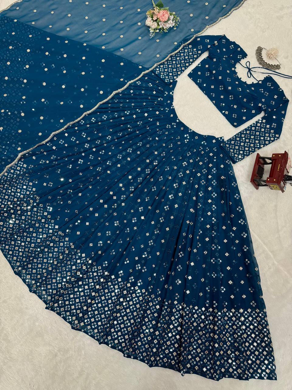 Teal Blue  Designer Faux Georgette Semi-Stitched Lehenga Set with 9mm Sequin Embroidery & Cutwork Dupatta Clothsvilla