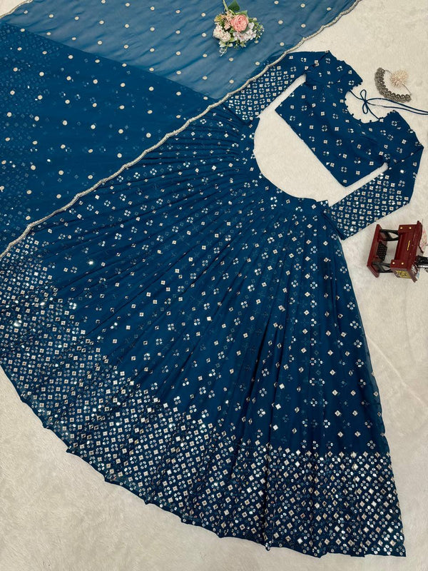 Teal Blue  Designer Faux Georgette Semi-Stitched Lehenga Set with 9mm Sequin Embroidery & Cutwork Dupatta Clothsvilla