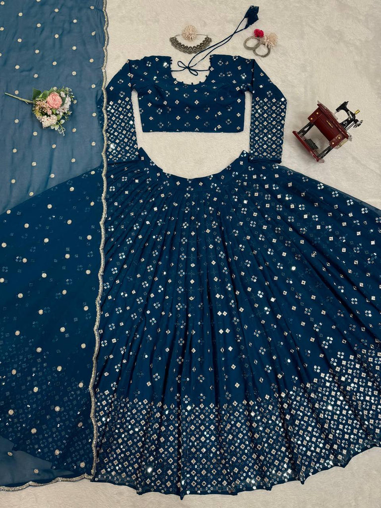 Teal Blue  Designer Faux Georgette Semi-Stitched Lehenga Set with 9mm Sequin Embroidery & Cutwork Dupatta Clothsvilla