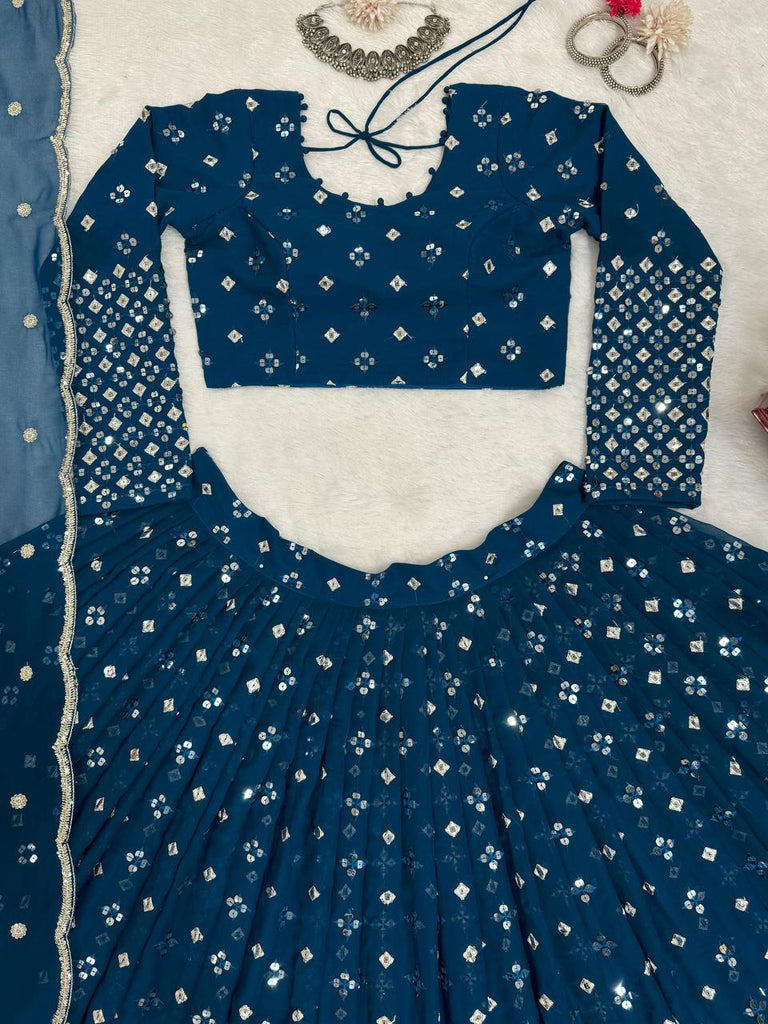 Teal Blue  Designer Faux Georgette Semi-Stitched Lehenga Set with 9mm Sequin Embroidery & Cutwork Dupatta Clothsvilla