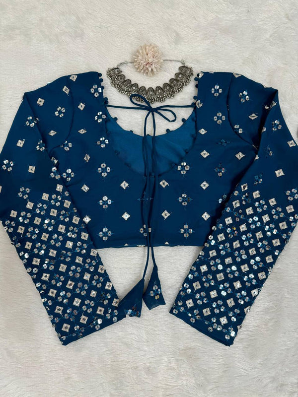 Teal Blue  Designer Faux Georgette Semi-Stitched Lehenga Set with 9mm Sequin Embroidery & Cutwork Dupatta Clothsvilla