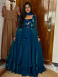 Load image into Gallery viewer, Teal Blue Designer Heavy Fandy Satin Embroidered Peplum Lehenga Set with Sequins, Zari Work, Belt &amp; Matching Dupatta – Fully Stitched Festive &amp; Party Wear Clothsvilla