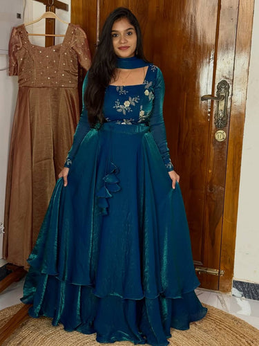 Teal Blue Designer Heavy Fandy Satin Embroidered Peplum Lehenga Set with Sequins, Zari Work, Belt & Matching Dupatta – Fully Stitched Festive & Party Wear Clothsvilla