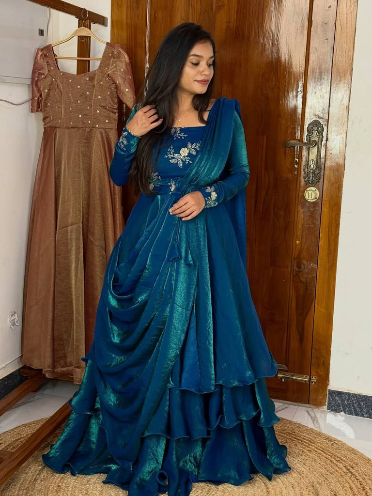 Teal Blue Designer Heavy Fandy Satin Embroidered Peplum Lehenga Set with Sequins, Zari Work, Belt & Matching Dupatta – Fully Stitched Festive & Party Wear Clothsvilla