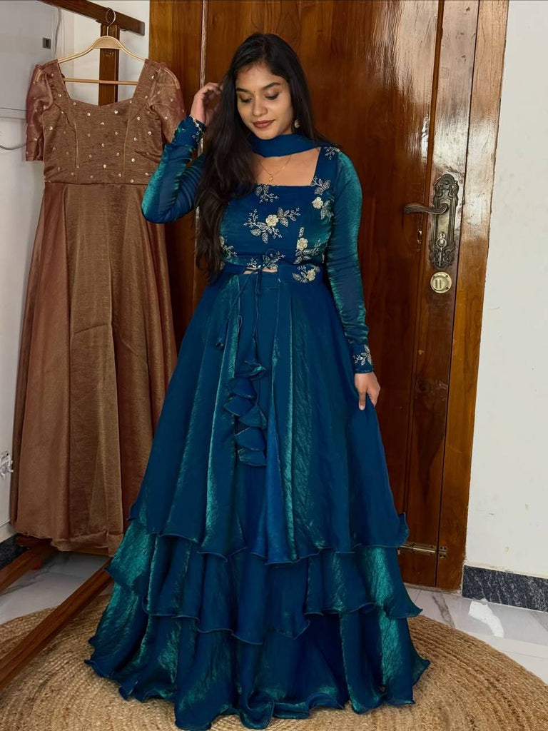 Teal Blue Designer Heavy Fandy Satin Embroidered Peplum Lehenga Set with Sequins, Zari Work, Belt & Matching Dupatta – Fully Stitched Festive & Party Wear Clothsvilla