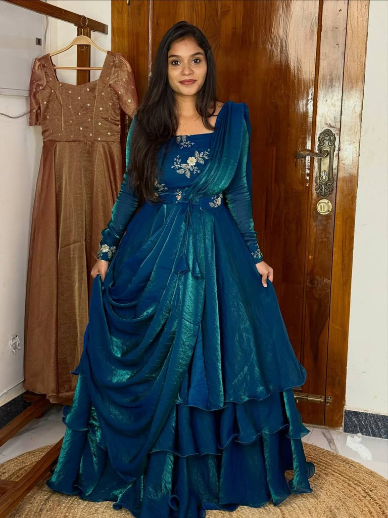 Teal Blue Designer Heavy Fandy Satin Embroidered Peplum Lehenga Set with Sequins, Zari Work, Belt & Matching Dupatta – Fully Stitched Festive & Party Wear Clothsvilla