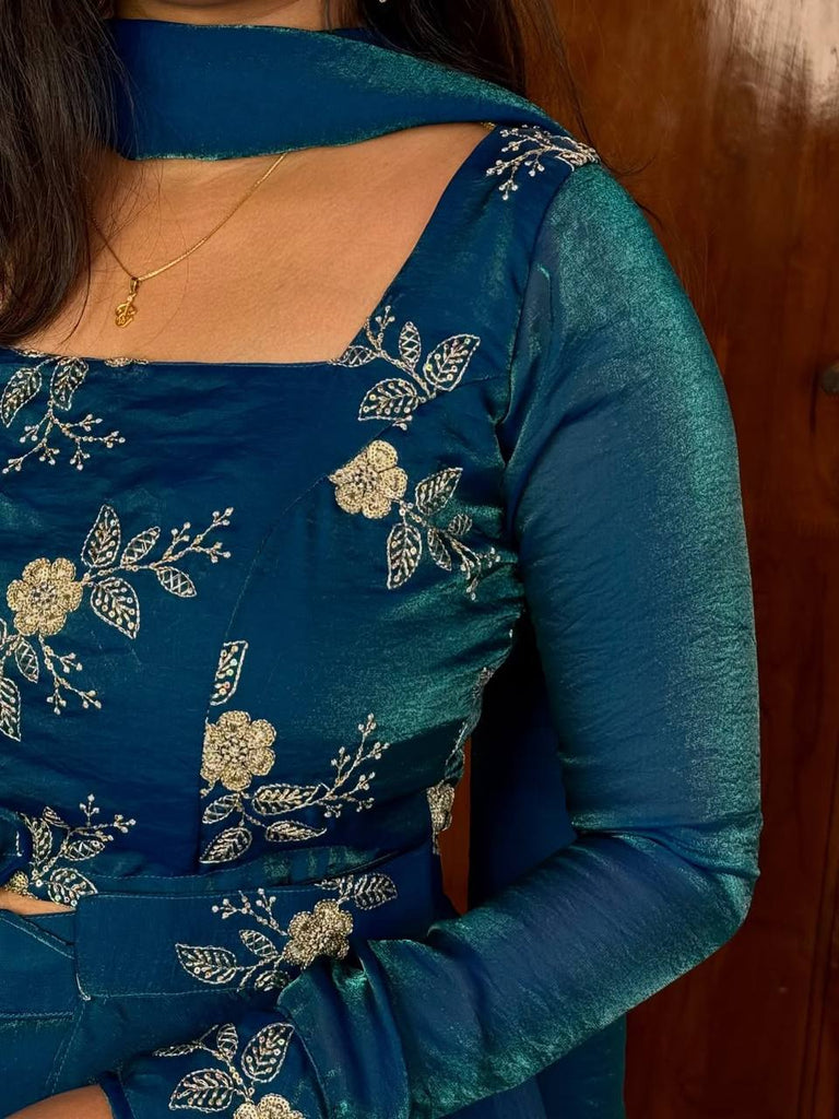 Teal Blue Designer Heavy Fandy Satin Embroidered Peplum Lehenga Set with Sequins, Zari Work, Belt & Matching Dupatta – Fully Stitched Festive & Party Wear Clothsvilla