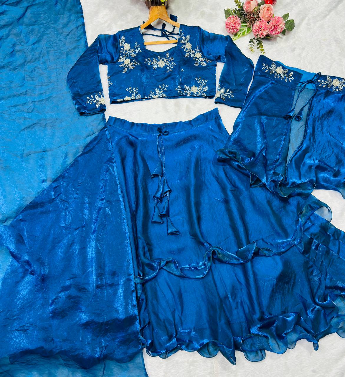 Teal Blue Designer Heavy Fandy Satin Embroidered Peplum Lehenga Set with Sequins, Zari Work, Belt & Matching Dupatta – Fully Stitched Festive & Party Wear Clothsvilla