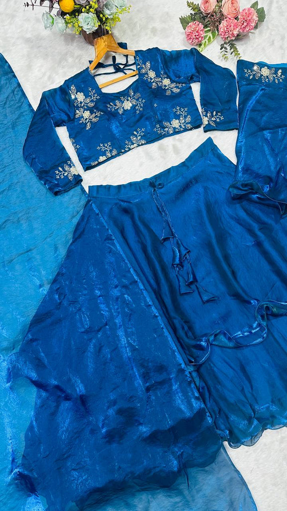 Teal Blue Designer Heavy Fandy Satin Embroidered Peplum Lehenga Set with Sequins, Zari Work, Belt & Matching Dupatta – Fully Stitched Festive & Party Wear Clothsvilla