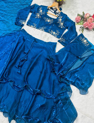 Teal Blue Designer Heavy Fandy Satin Embroidered Peplum Lehenga Set with Sequins, Zari Work, Belt & Matching Dupatta – Fully Stitched Festive & Party Wear Clothsvilla
