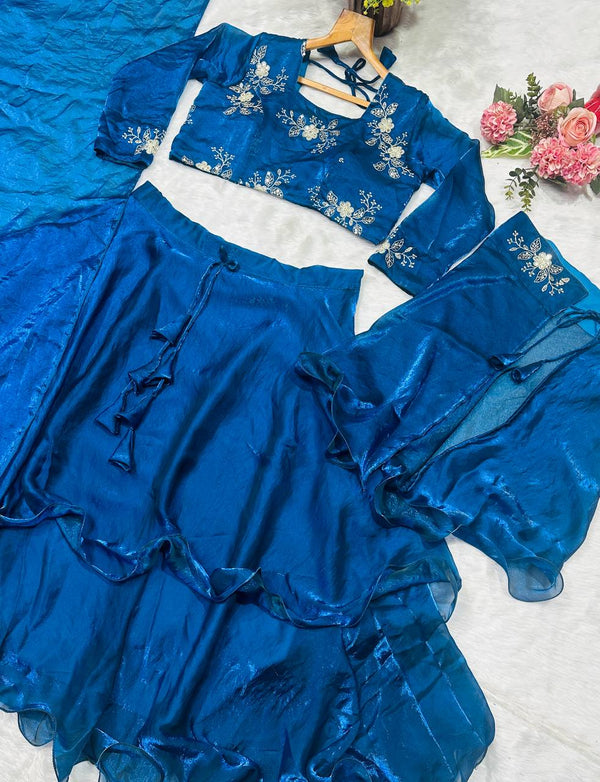 Teal Blue Designer Heavy Fandy Satin Embroidered Peplum Lehenga Set with Sequins, Zari Work, Belt & Matching Dupatta – Fully Stitched Festive & Party Wear Clothsvilla