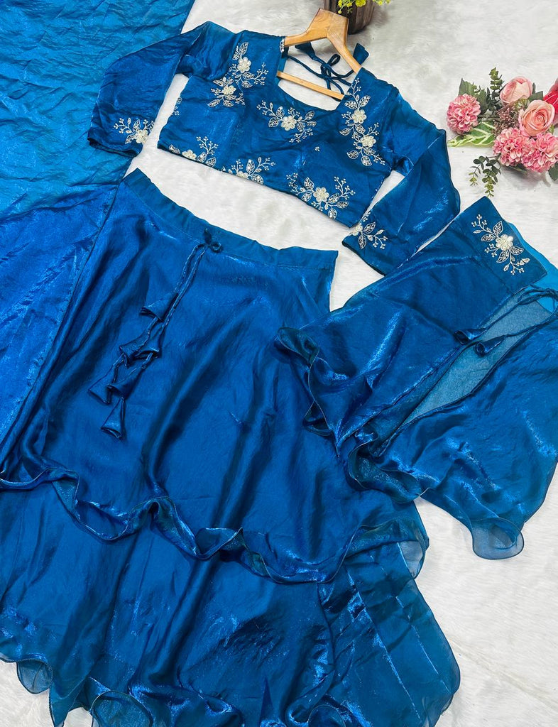 Teal Blue Designer Heavy Fandy Satin Embroidered Peplum Lehenga Set with Sequins, Zari Work, Belt & Matching Dupatta – Fully Stitched Festive & Party Wear Clothsvilla