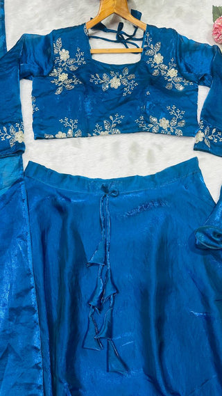 Teal Blue Designer Heavy Fandy Satin Embroidered Peplum Lehenga Set with Sequins, Zari Work, Belt & Matching Dupatta – Fully Stitched Festive & Party Wear Clothsvilla