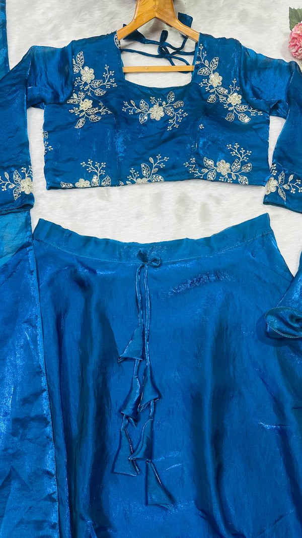 Teal Blue Designer Heavy Fandy Satin Embroidered Peplum Lehenga Set with Sequins, Zari Work, Belt & Matching Dupatta – Fully Stitched Festive & Party Wear Clothsvilla