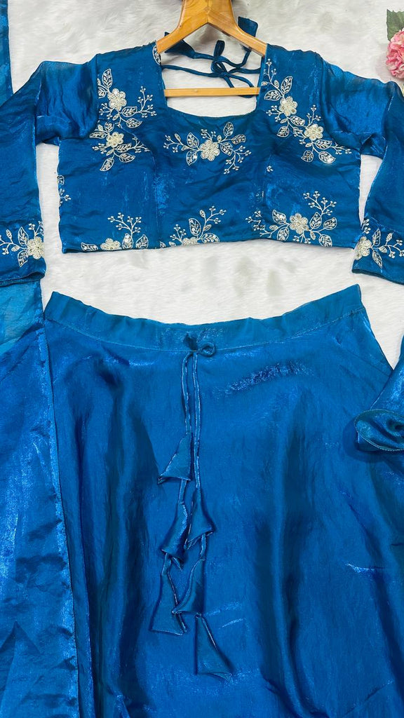 Teal Blue Designer Heavy Fandy Satin Embroidered Peplum Lehenga Set with Sequins, Zari Work, Belt & Matching Dupatta – Fully Stitched Festive & Party Wear Clothsvilla