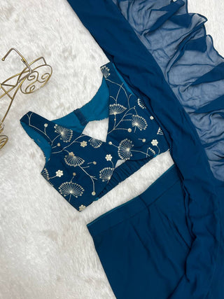 Teal Blue Designer Ready-to-Wear Sharara Saree in Pure Fox Georgette with Heavy Embroidered Sequin Blouse ClothsVilla