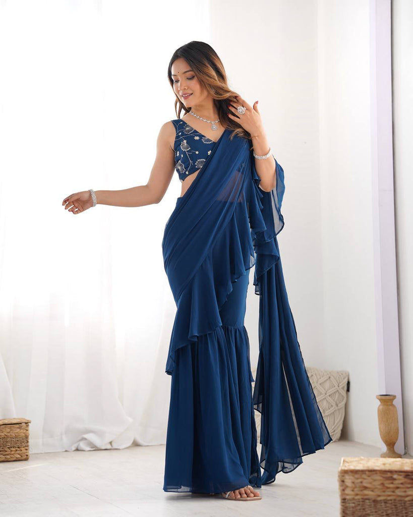 Teal Blue Designer Ready-to-Wear Sharara Saree in Pure Fox Georgette with Heavy Embroidered Sequin Blouse ClothsVilla