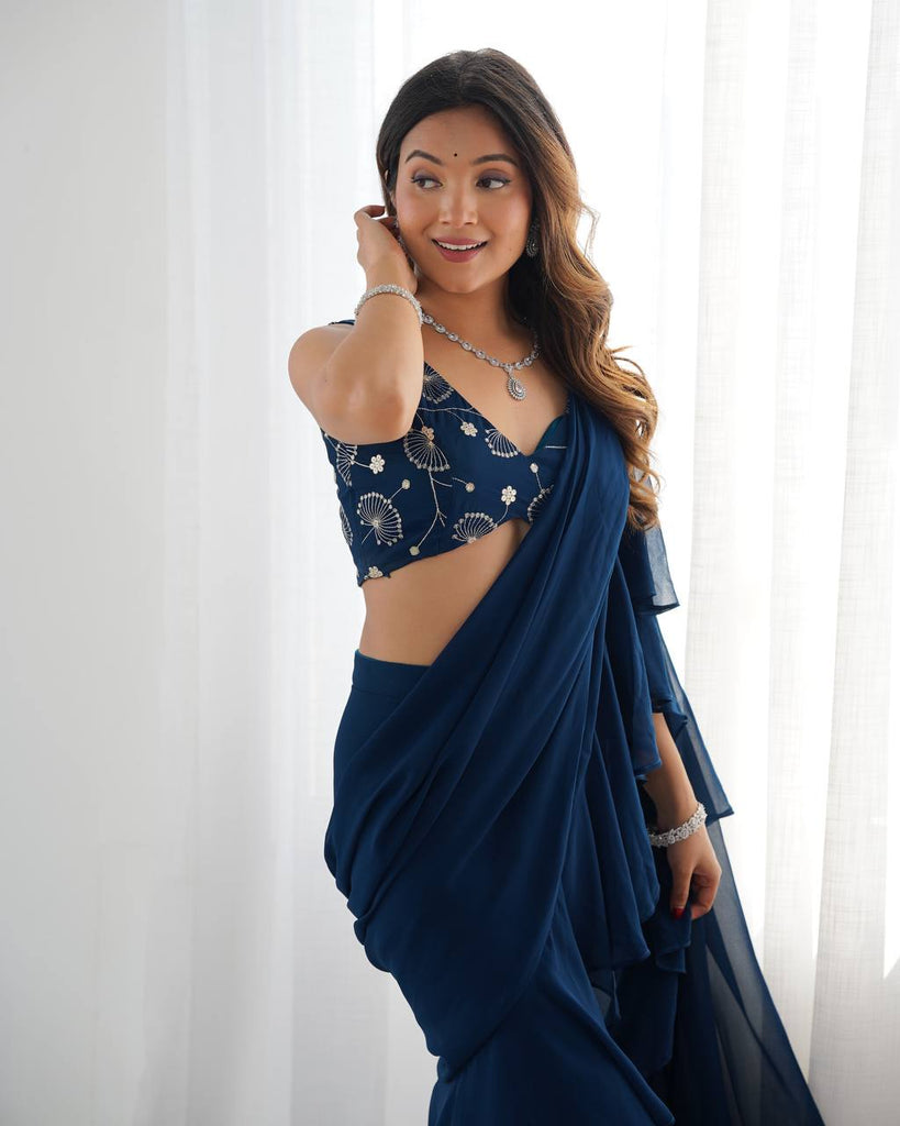 Teal Blue Designer Ready-to-Wear Sharara Saree in Pure Fox Georgette with Heavy Embroidered Sequin Blouse ClothsVilla