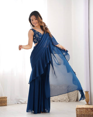 Teal Blue Designer Ready-to-Wear Sharara Saree in Pure Fox Georgette with Heavy Embroidered Sequin Blouse ClothsVilla