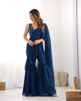 Teal Blue Designer Ready-to-Wear Sharara Saree in Pure Fox Georgette with Heavy Embroidered Sequin Blouse ClothsVilla