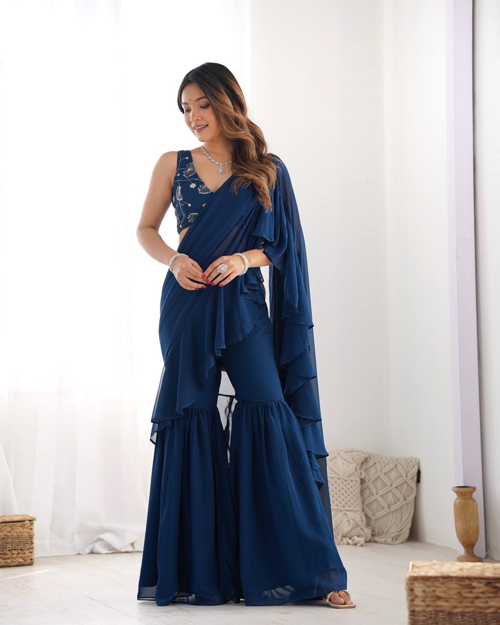 Teal Blue Designer Ready-to-Wear Sharara Saree in Pure Fox Georgette with Heavy Embroidered Sequin Blouse ClothsVilla