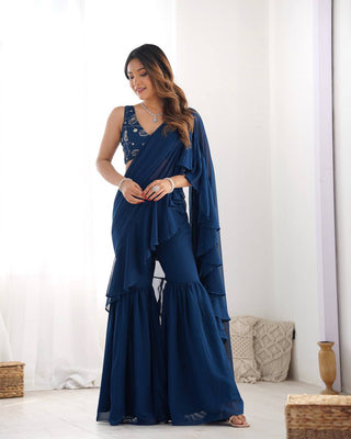 Teal Blue Designer Ready-to-Wear Sharara Saree in Pure Fox Georgette with Heavy Embroidered Sequin Blouse ClothsVilla