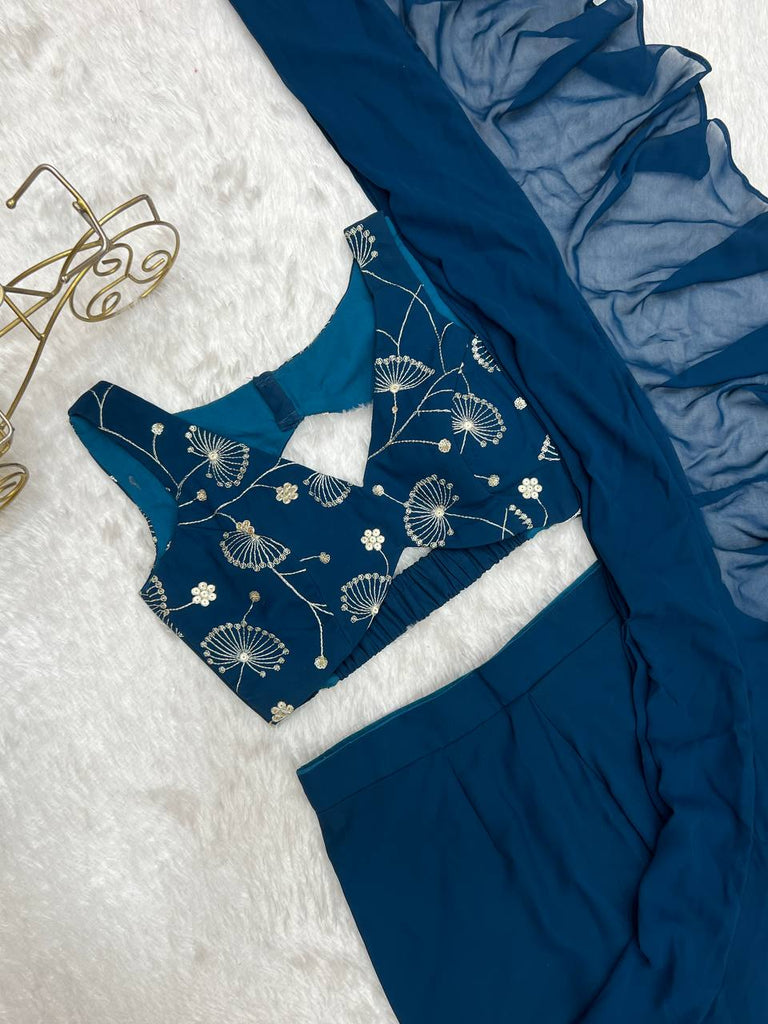 Teal Blue Designer Ready-to-Wear Sharara Saree in Pure Fox Georgette with Heavy Embroidered Sequin Blouse ClothsVilla