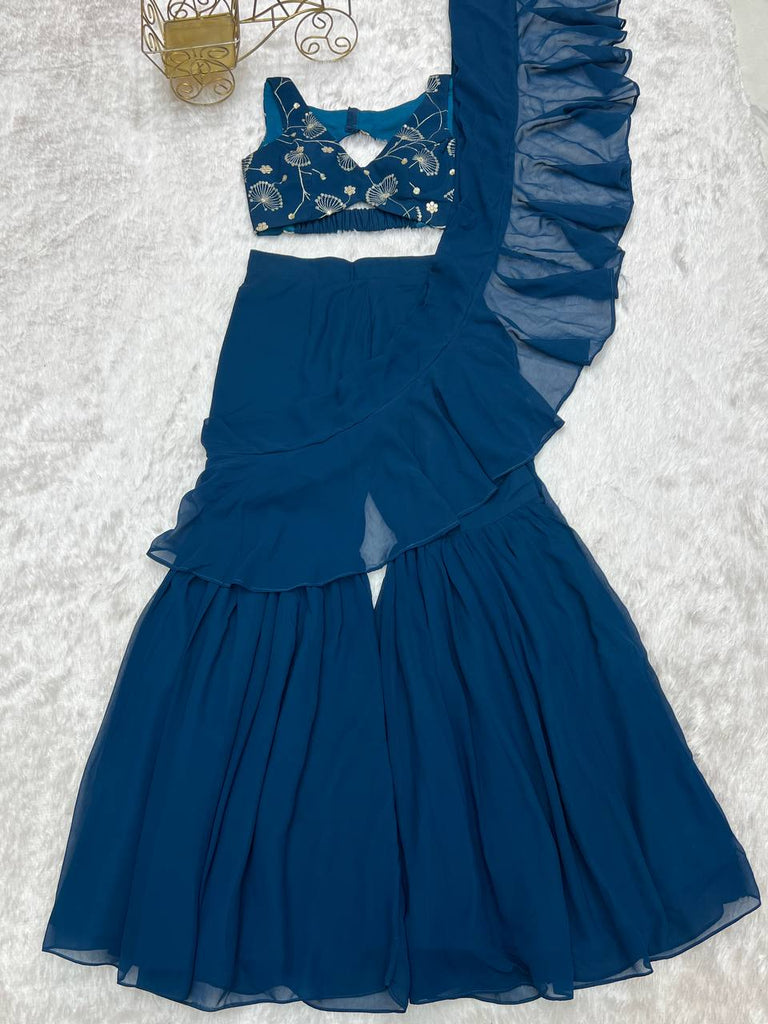 Teal Blue Designer Ready-to-Wear Sharara Saree in Pure Fox Georgette with Heavy Embroidered Sequin Blouse ClothsVilla