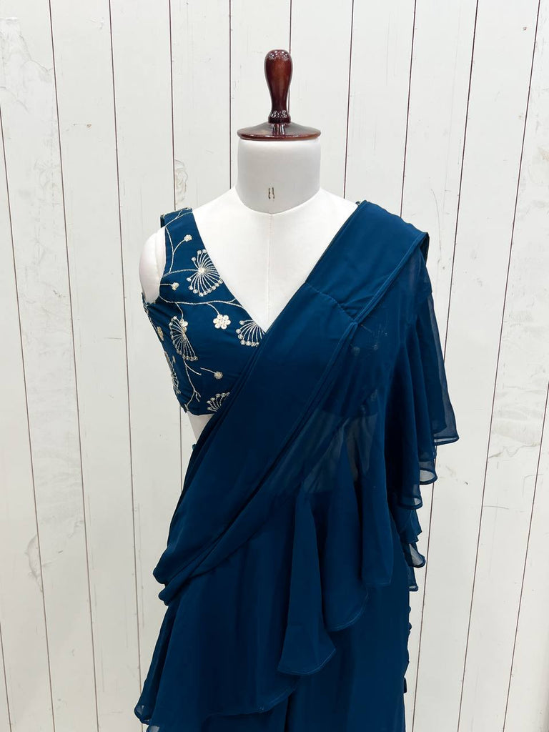 Teal Blue Designer Ready-to-Wear Sharara Saree in Pure Fox Georgette with Heavy Embroidered Sequin Blouse ClothsVilla