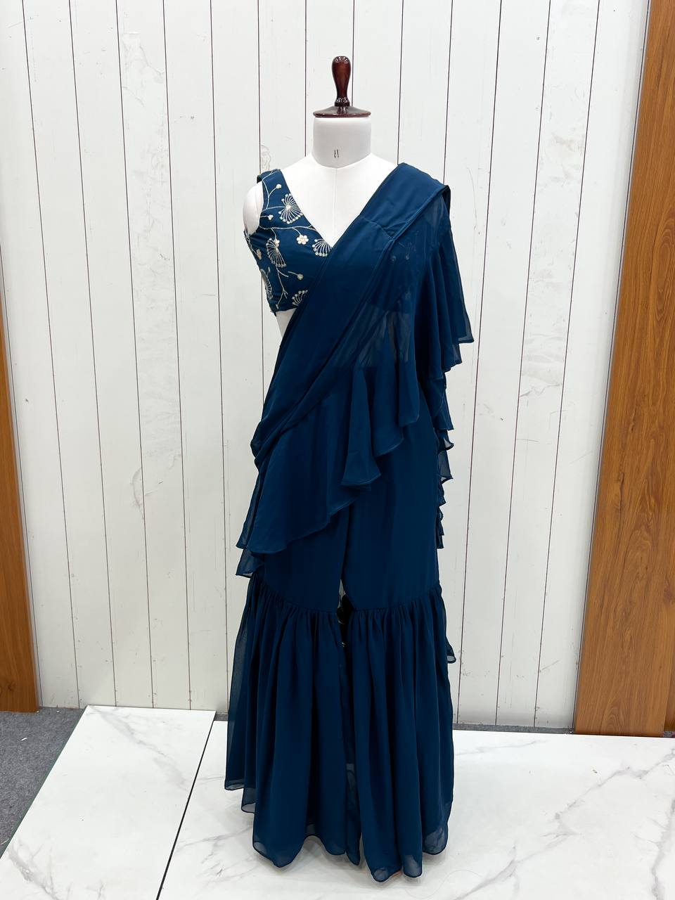 Teal Blue Designer Ready-to-Wear Sharara Saree in Pure Fox Georgette with Heavy Embroidered Sequin Blouse ClothsVilla