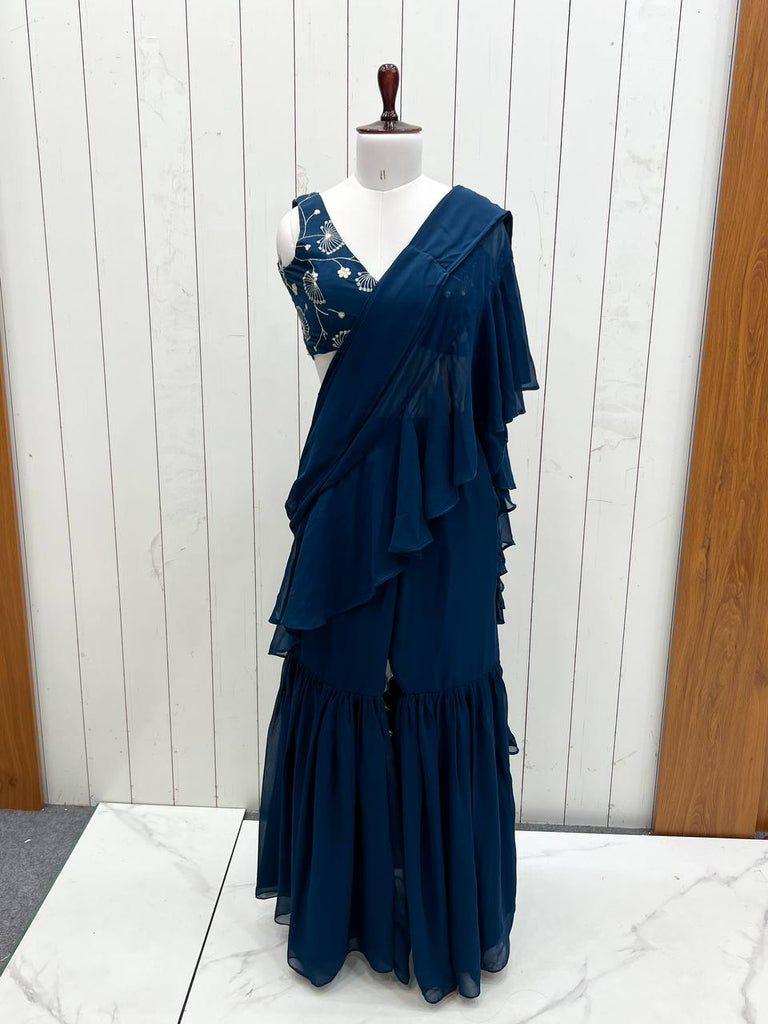 Teal Blue Designer Ready-to-Wear Sharara Saree in Pure Fox Georgette with Heavy Embroidered Sequin Blouse ClothsVilla
